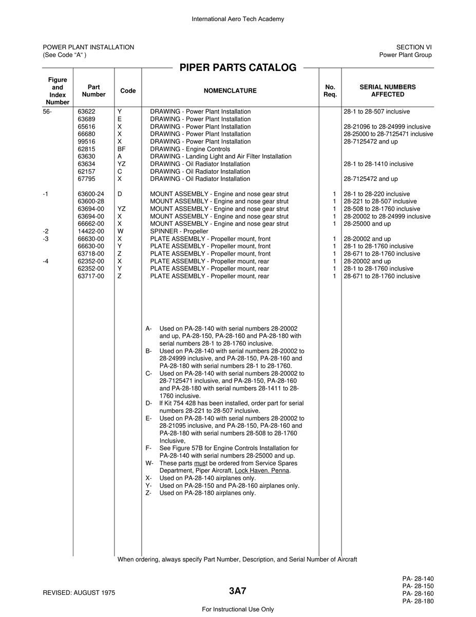 Aviation Part 66630-00 for Piper PA-28 Cherokee Aircraft