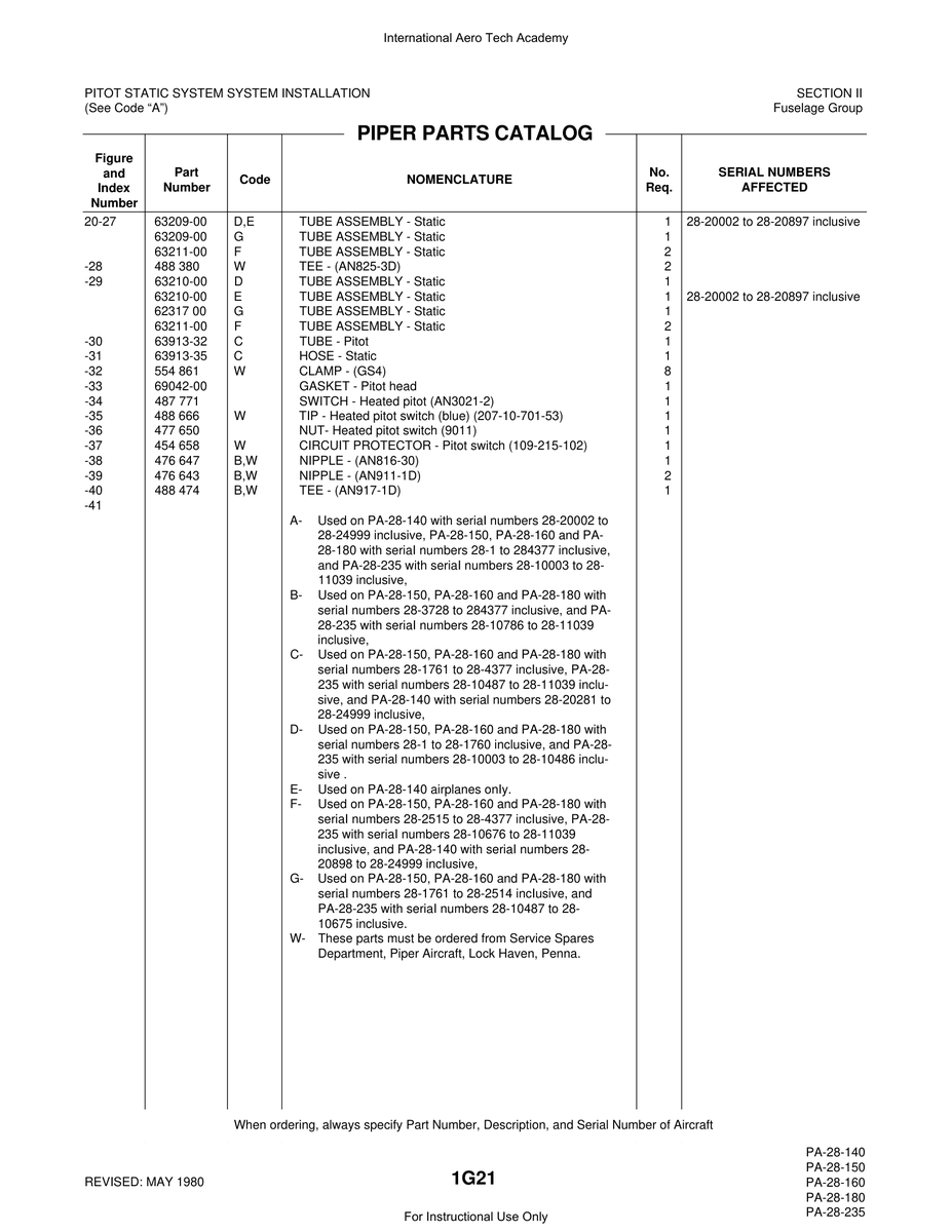 Aviation Part 63210-00 for Piper PA-28 Cherokee Aircraft