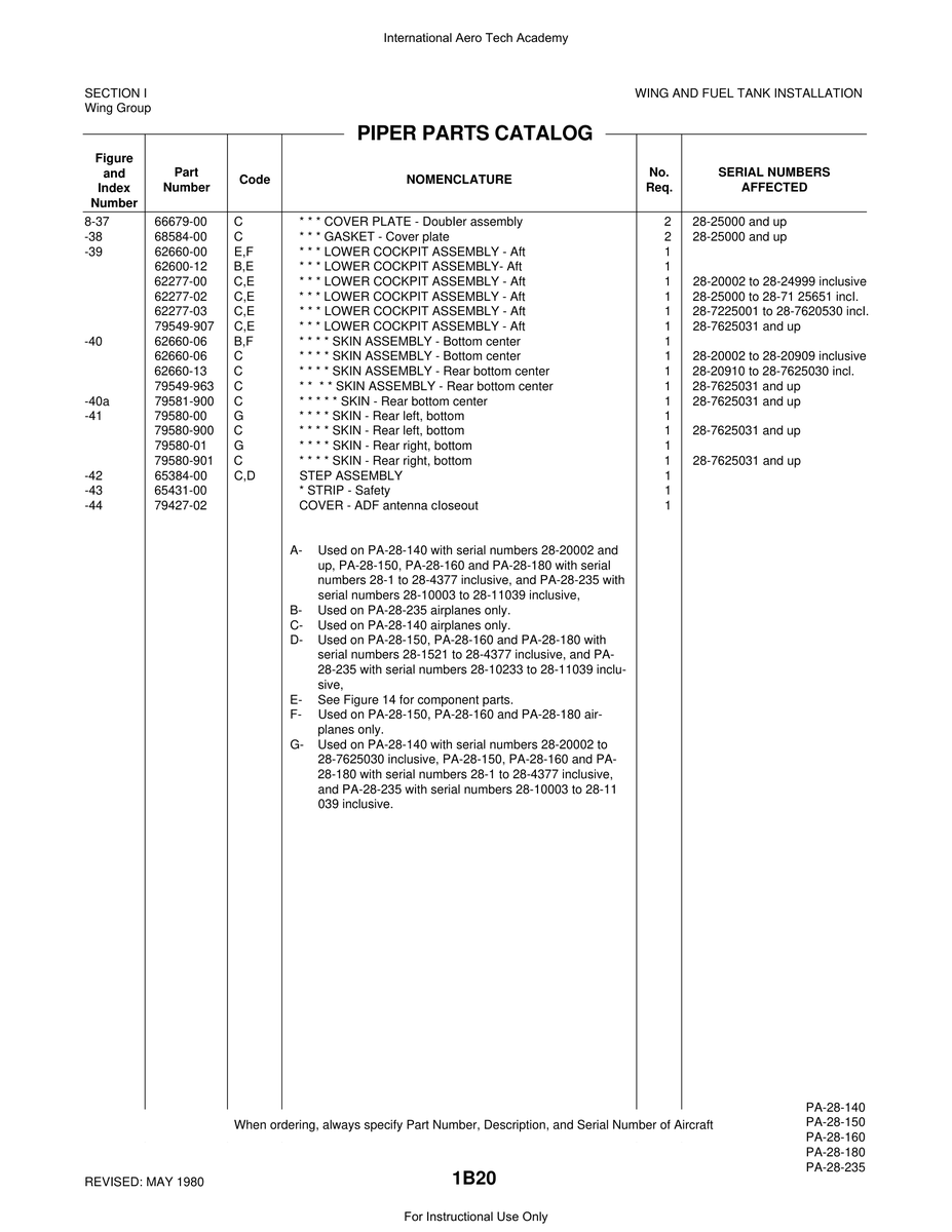 Aviation Part 79580-01 for Piper PA-28 Cherokee Aircraft
