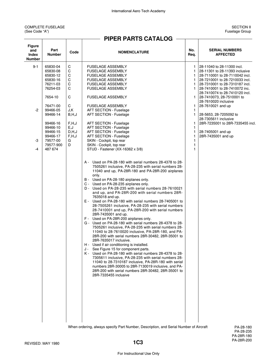 Aviation Part 99466-10 for Piper PA-28 Cherokee Aircraft