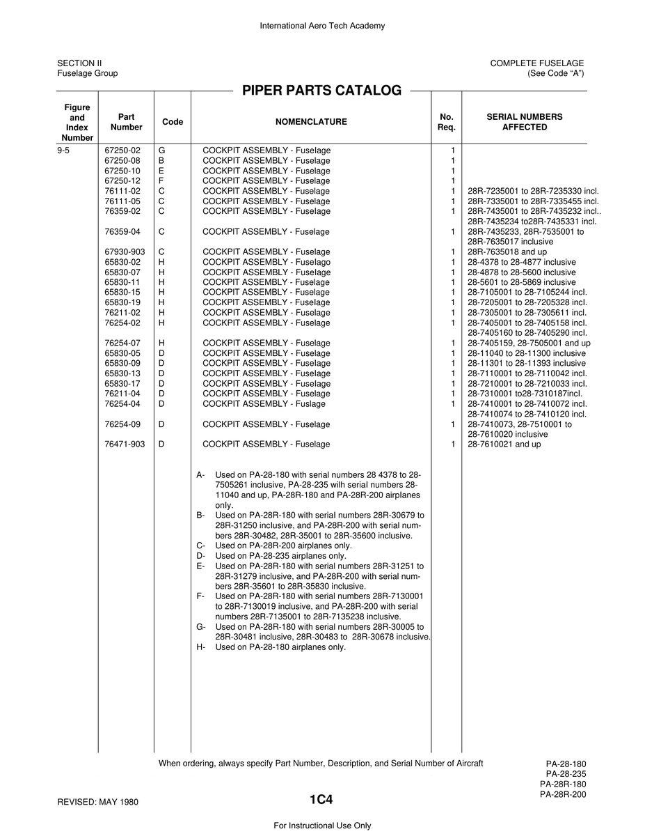 Aviation Part 67930-903 for Piper PA-28 Cherokee Aircraft