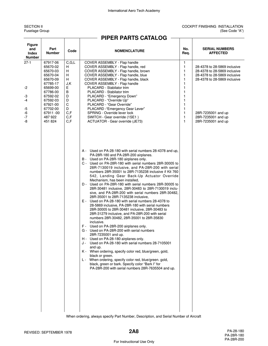 Aviation Part 67702-00 for Piper PA-28 Cherokee Aircraft