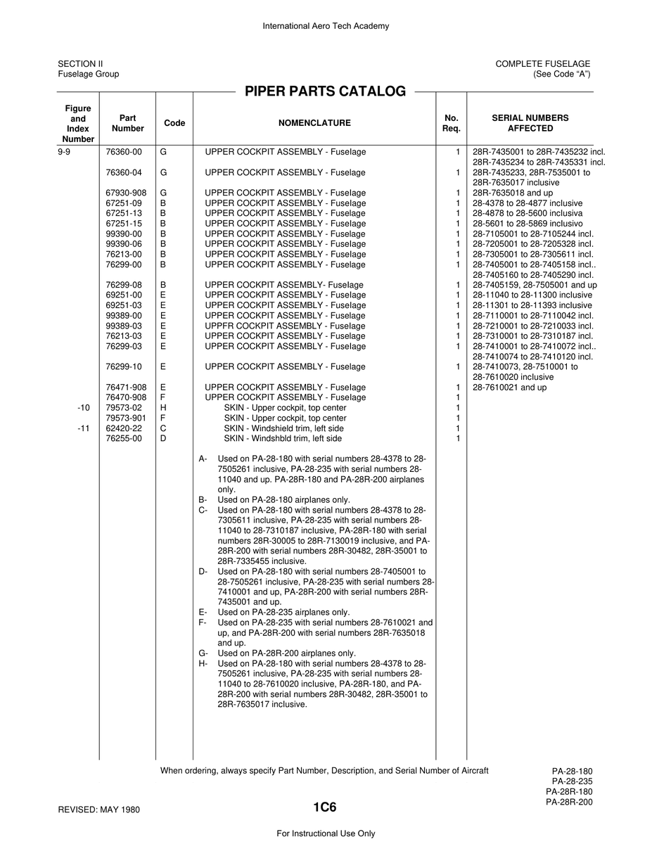 Aviation Part 76299-08 for Piper PA-28 Cherokee Aircraft