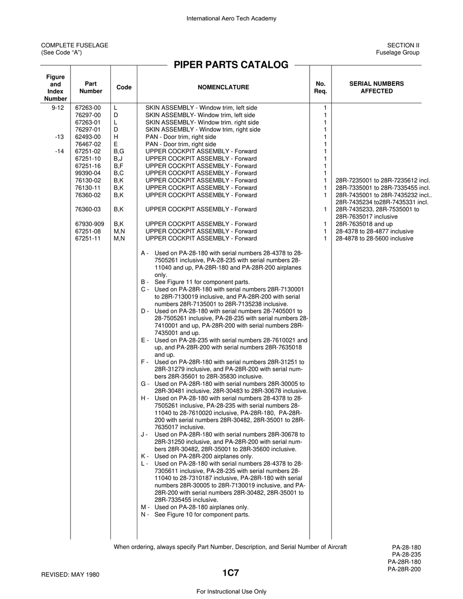 Aviation Part 76130-11 for Piper PA-28 Cherokee Aircraft