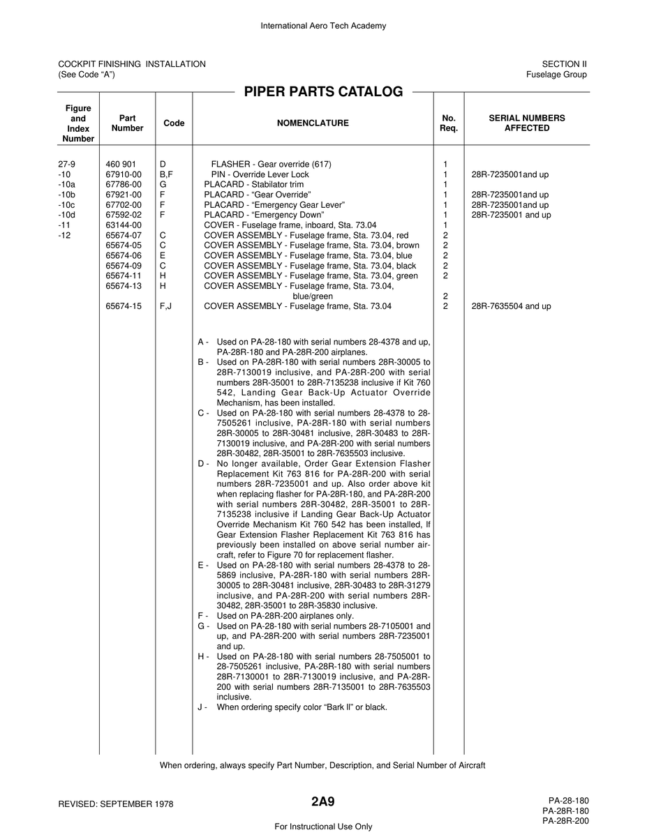 Aviation Part 67910-00 for Piper PA-28 Cherokee Aircraft