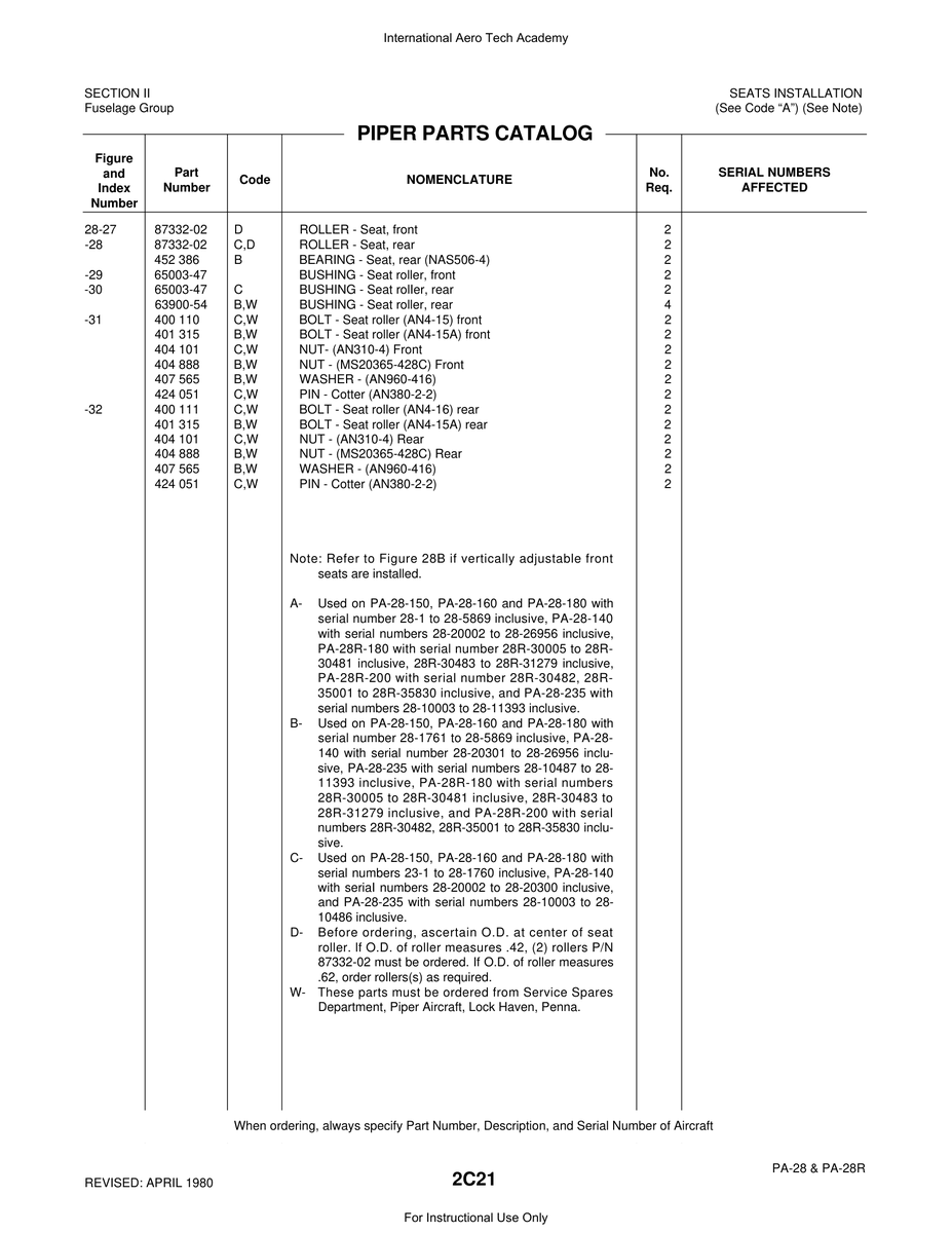 Aviation Part 65003-47 for Piper PA-28 Cherokee Aircraft