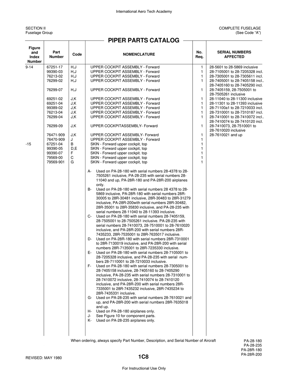 Aviation Part 69251-04 for Piper PA-28 Cherokee Aircraft