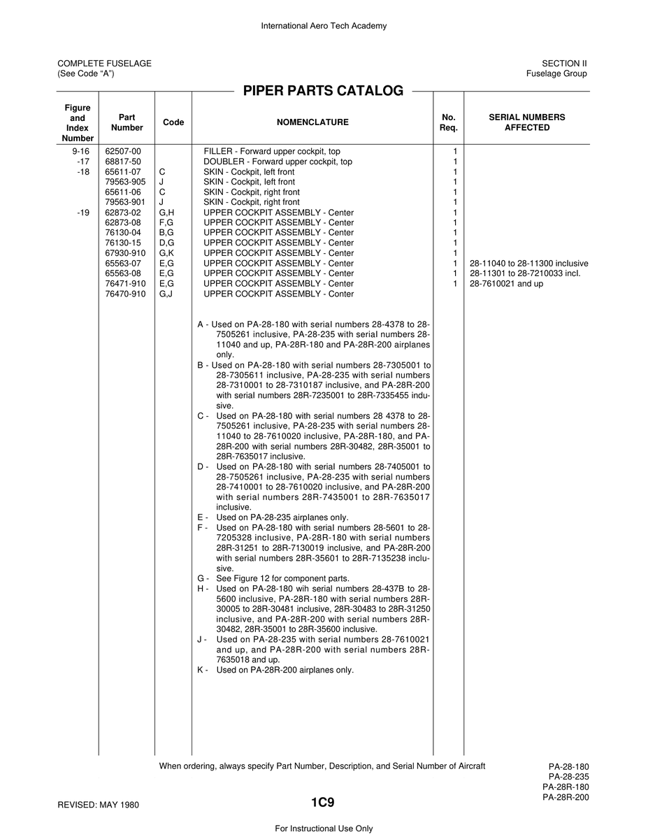 Aviation Part 76130-15 for Piper PA-28 Cherokee Aircraft