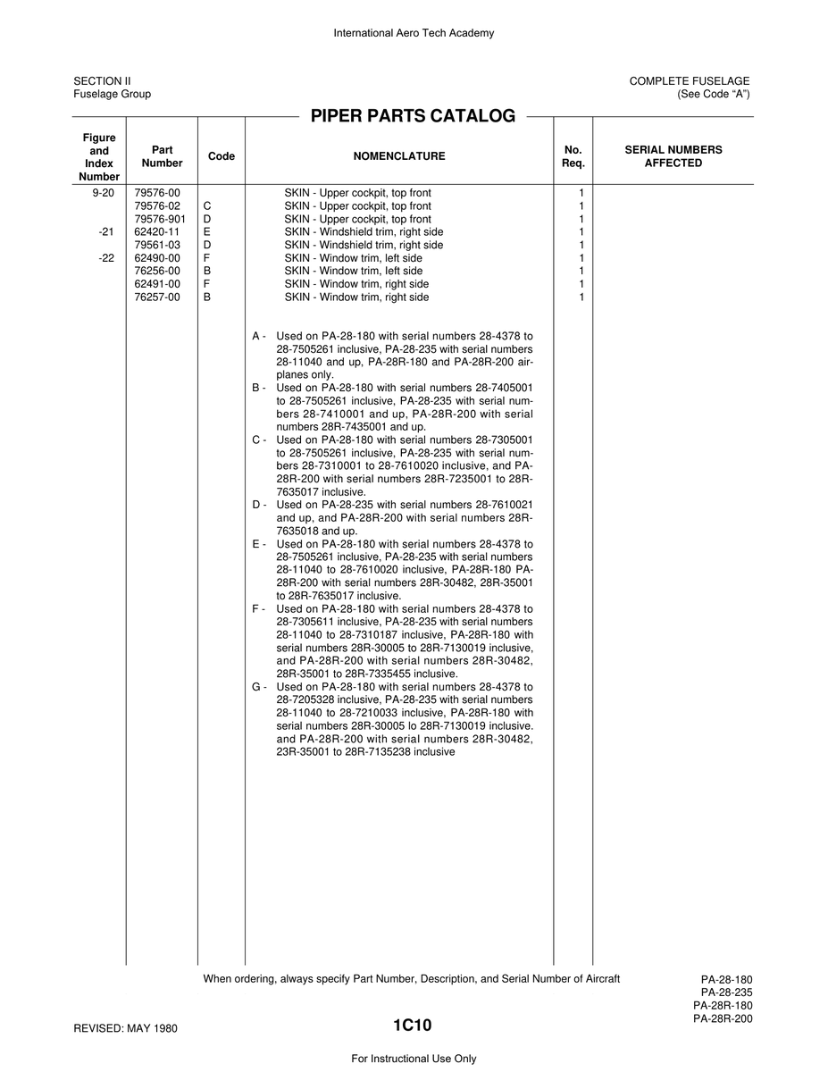 Aviation Part 79576-02 for Piper PA-28 Cherokee Aircraft