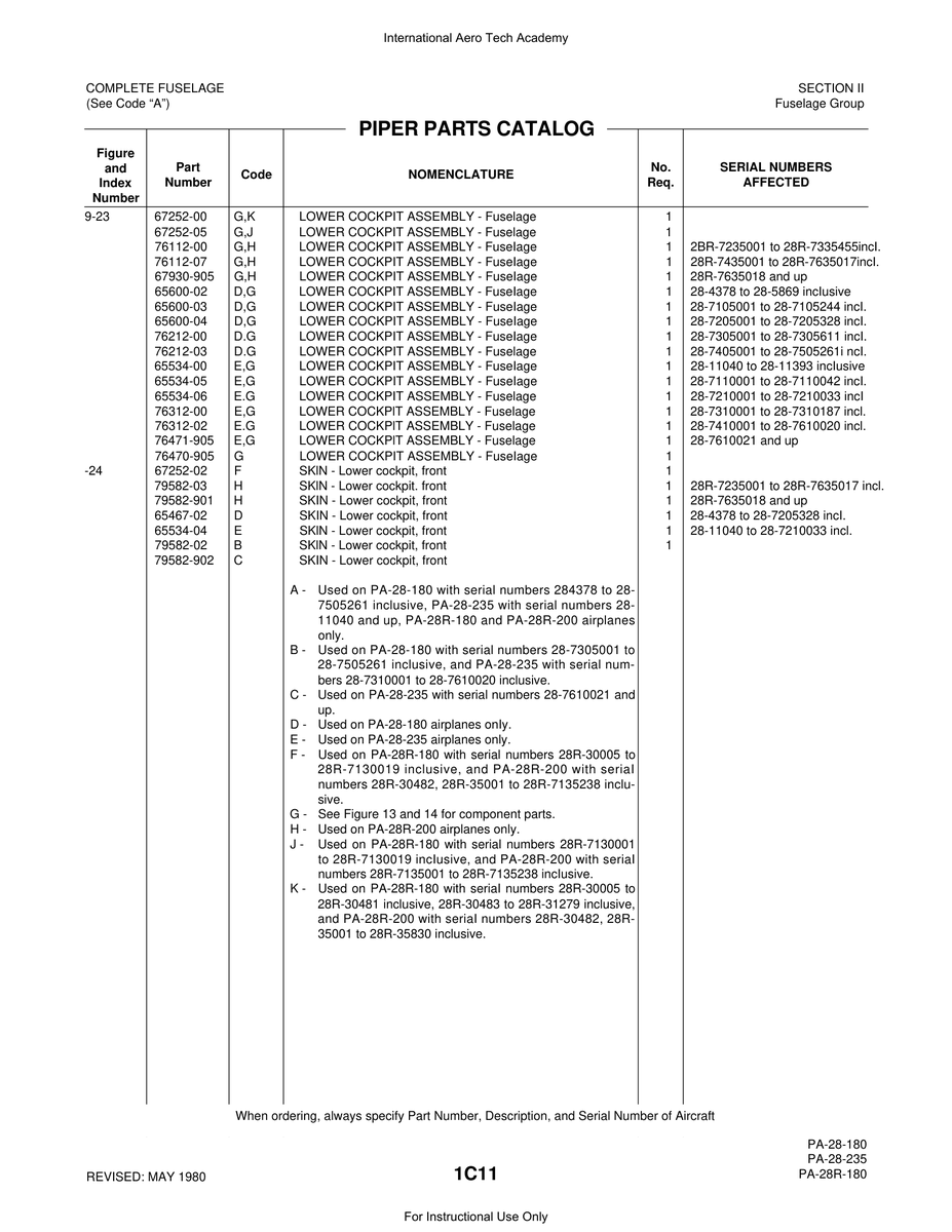 Aviation Part 67930-905 for Piper PA-28 Cherokee Aircraft