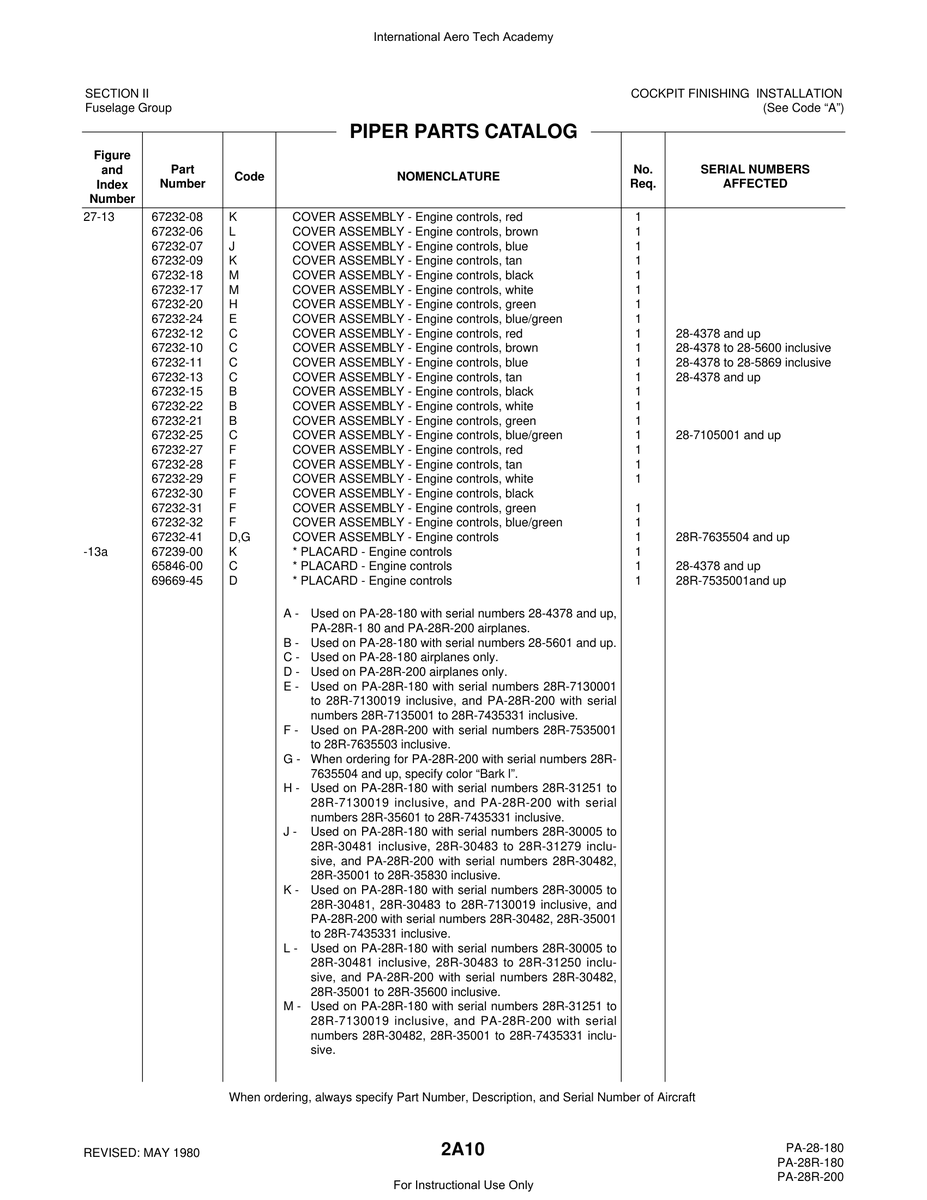 Aviation Part 67232-27 for Piper PA-28 Cherokee Aircraft