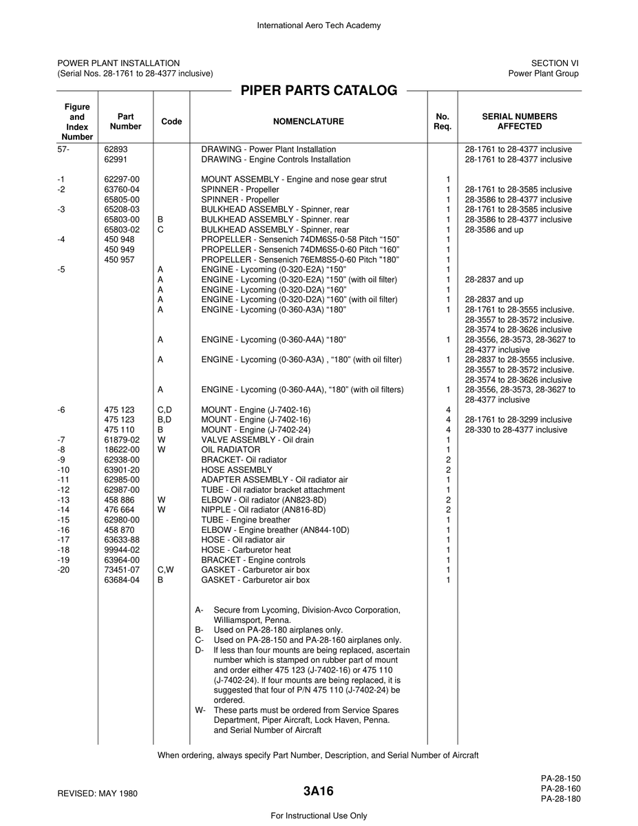 Aviation Part 65803-00 for Piper PA-28 Cherokee Aircraft