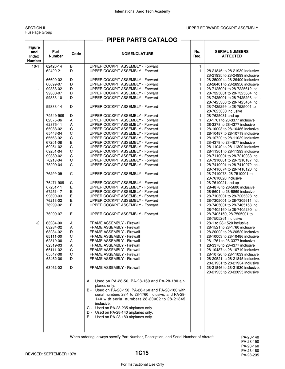 Aviation Part 65111-02 for Piper PA-28 Cherokee Aircraft