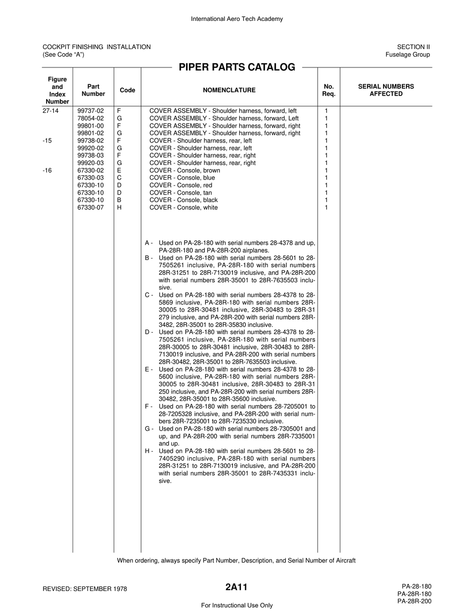 Aviation Part 67330-07 for Piper PA-28 Cherokee Aircraft