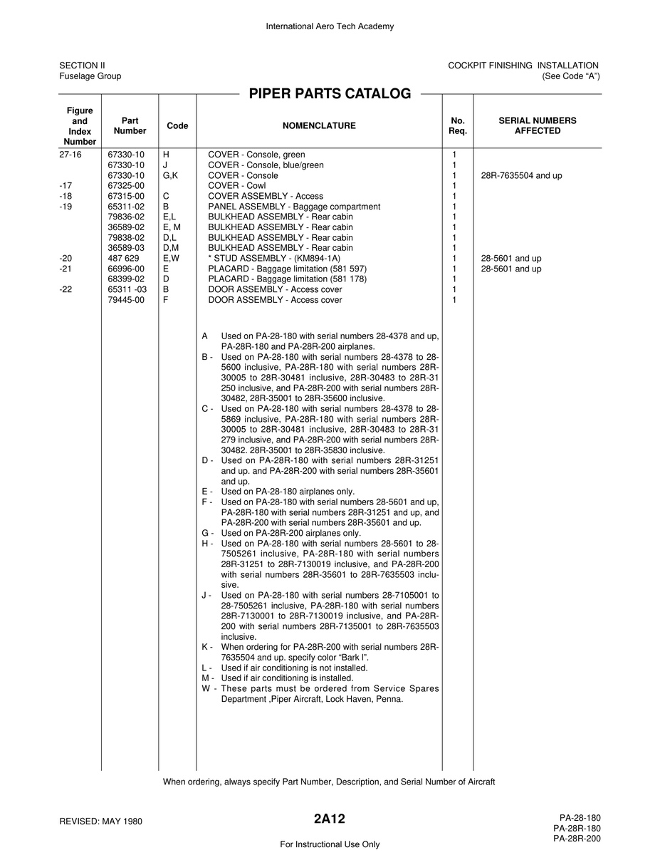 Aviation Part 66996-00 for Piper PA-28 Cherokee Aircraft
