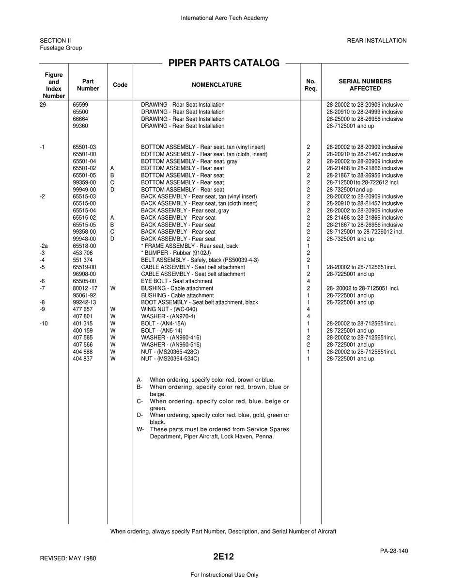 Aviation Part 65501-02 for Piper PA-28 Cherokee Aircraft