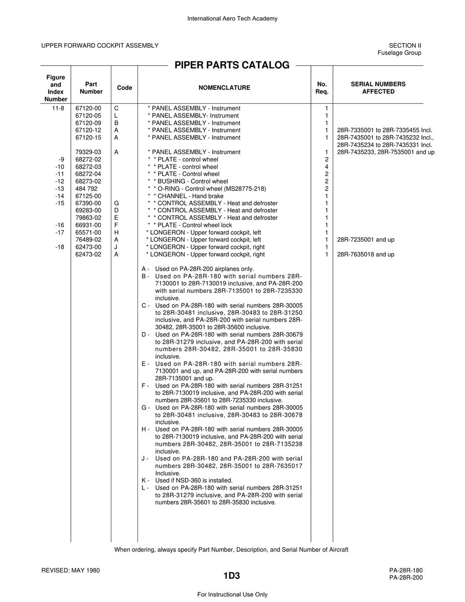 Aviation Part 79329-03 for Piper PA-28 Cherokee Aircraft