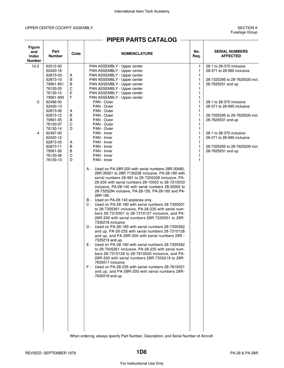 Aviation Part 62873-12 for Piper PA-28 Cherokee Aircraft