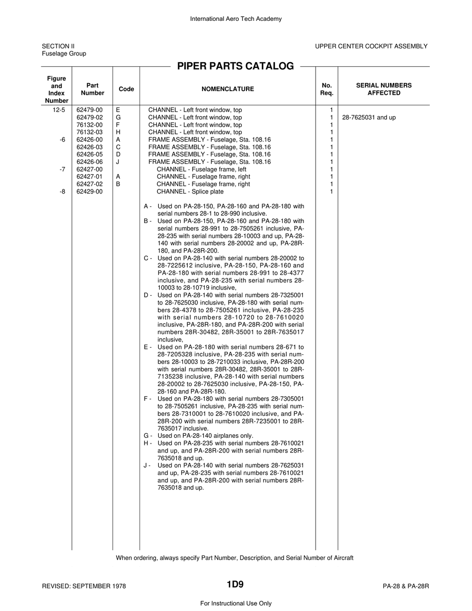 Aviation Part 62479-02 for Piper PA-28 Cherokee Aircraft