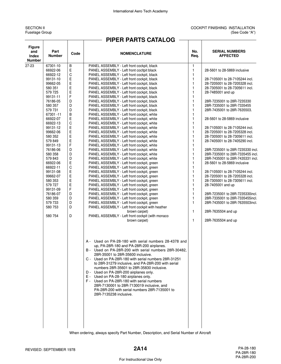 Aviation Part 67301-10 for Piper PA-28 Cherokee Aircraft