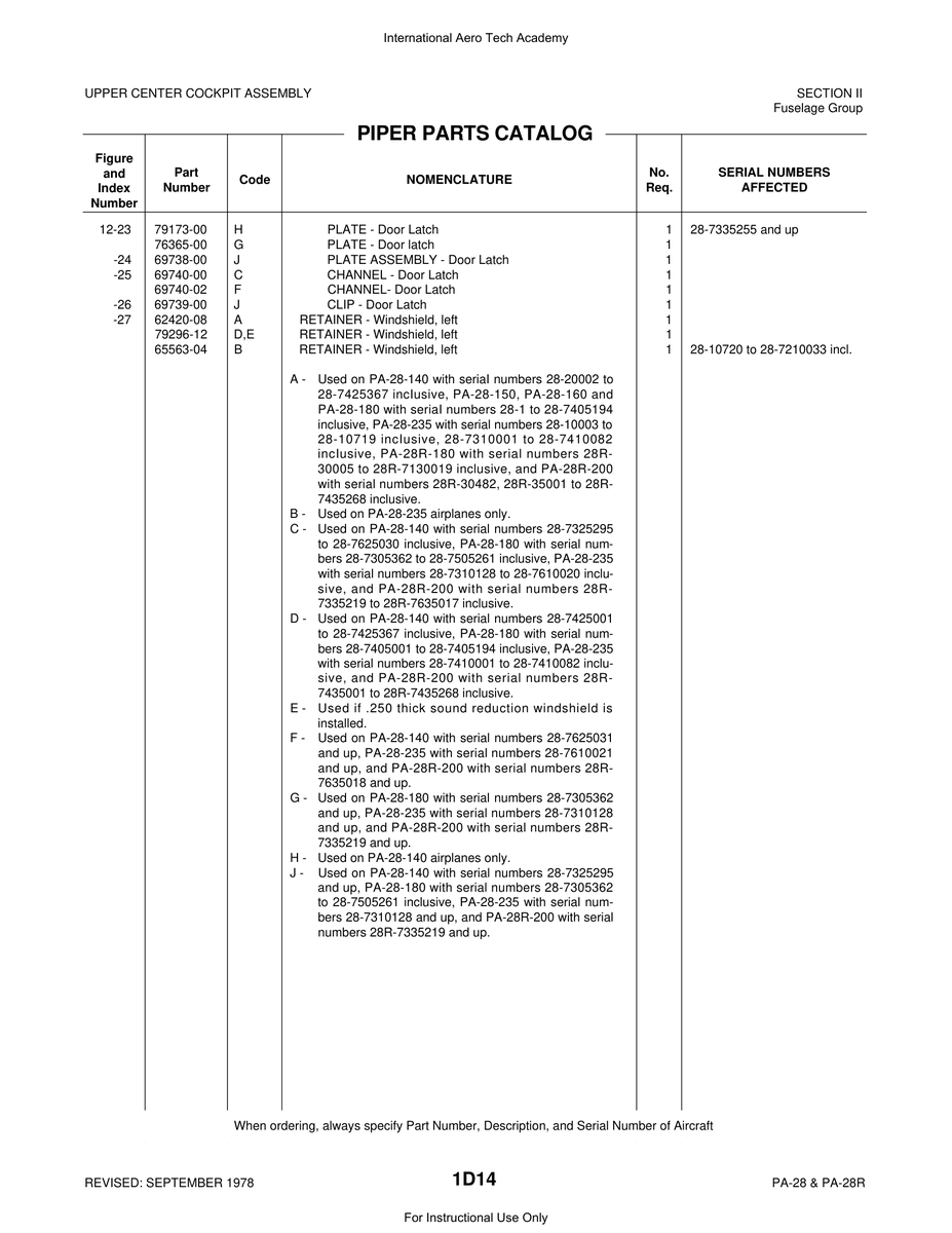 Aviation Part 69740-00 for Piper PA-28 Cherokee Aircraft