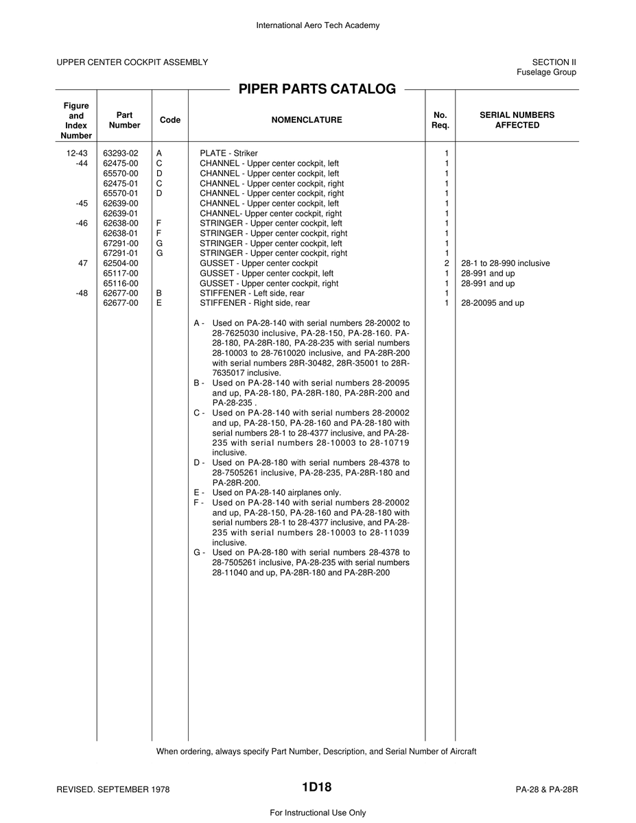 Aviation Part 62475-01 for Piper PA-28 Cherokee Aircraft