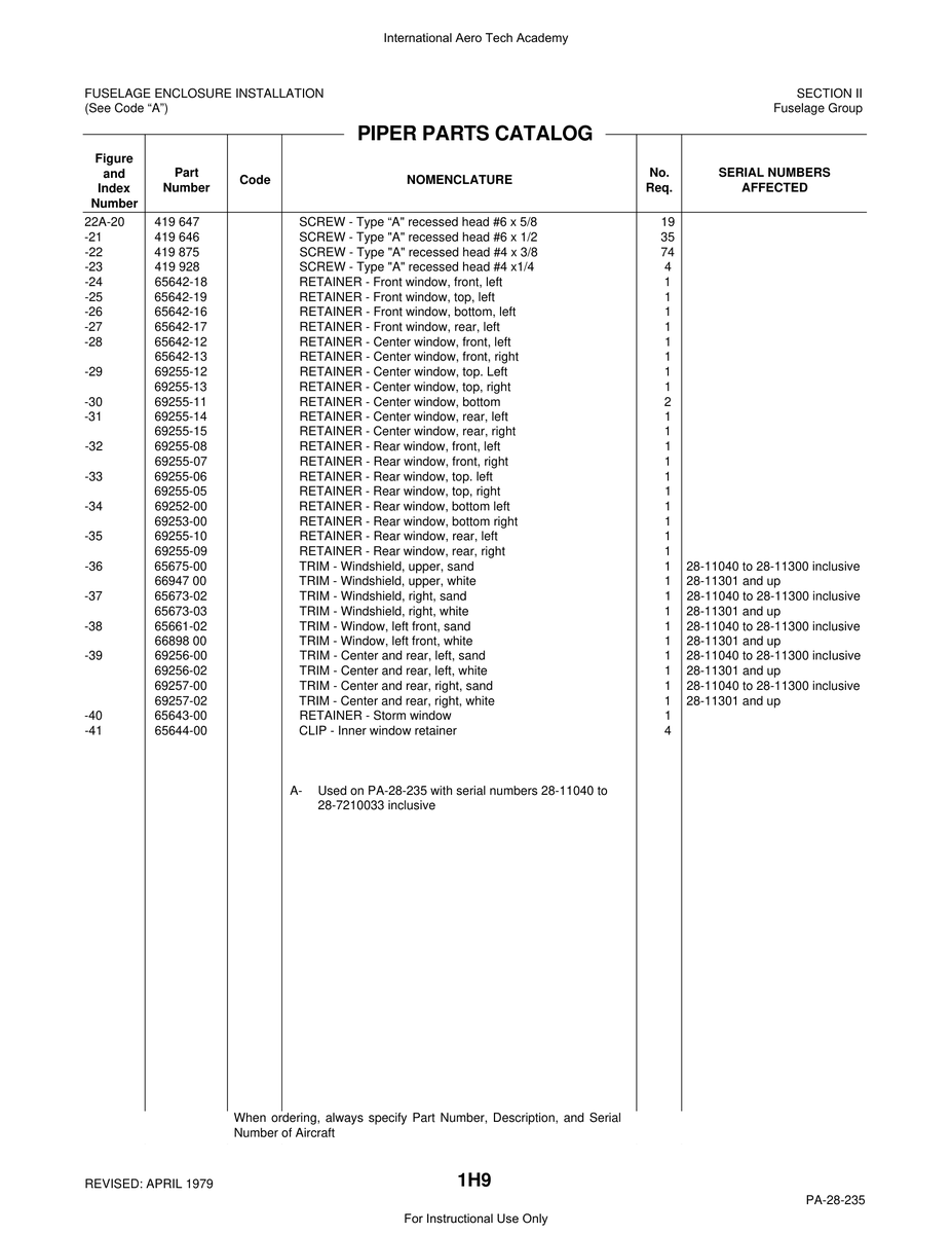 Aviation Part 69255-08 for Piper PA-28 Cherokee Aircraft
