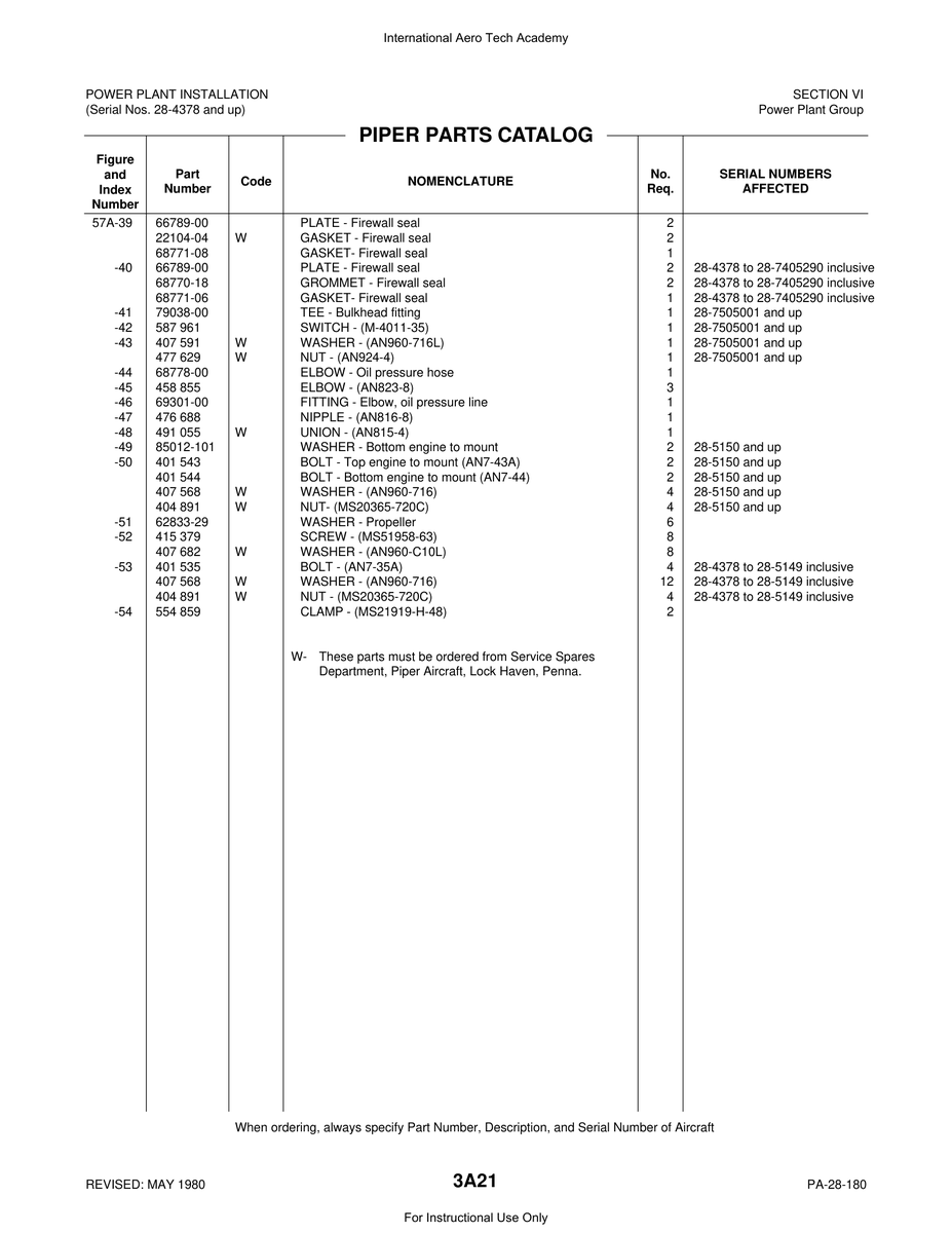 Aviation Part 68771-08 for Piper PA-28 Cherokee Aircraft