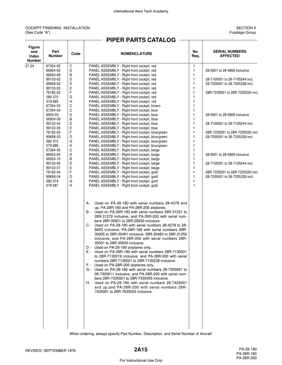 Aviation Part 99133-03 for Piper PA-28 Cherokee Aircraft