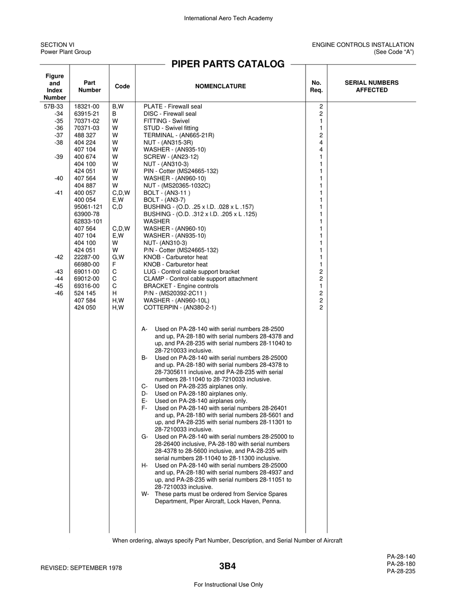 Aviation Part 95061-121 for Piper PA-28 Cherokee Aircraft