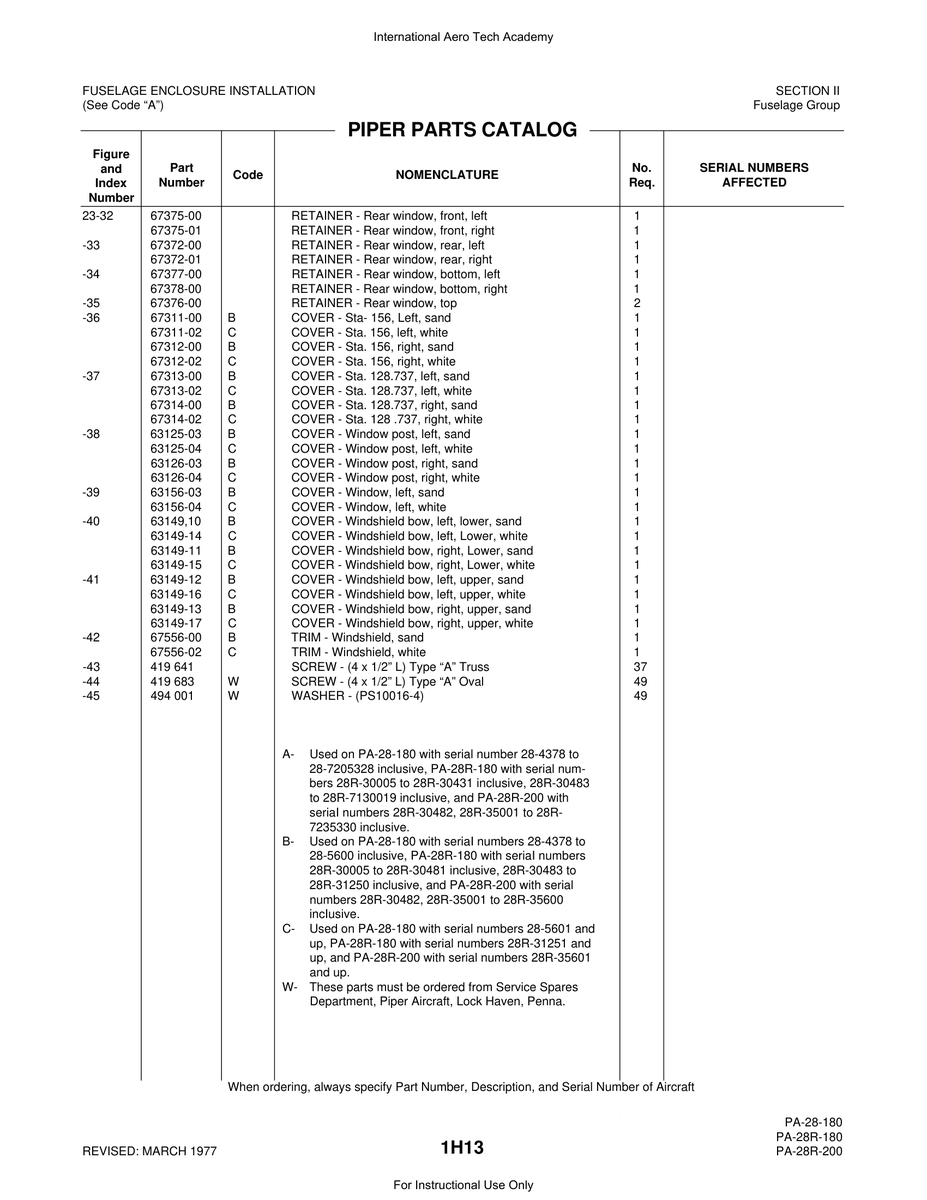 Aviation Part 67312-02 for Piper PA-28 Cherokee Aircraft