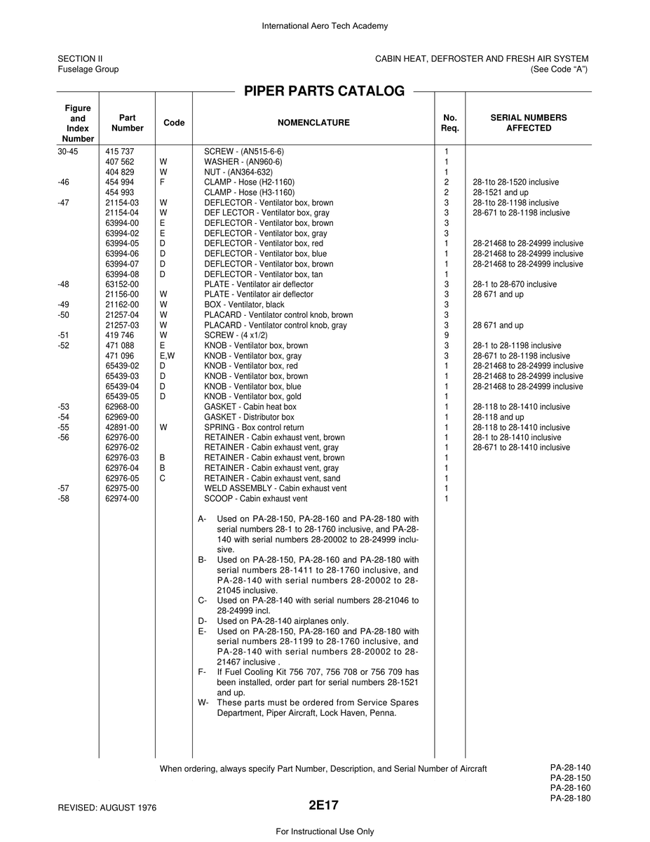Aviation Part 62976-05 for Piper PA-28 Cherokee Aircraft