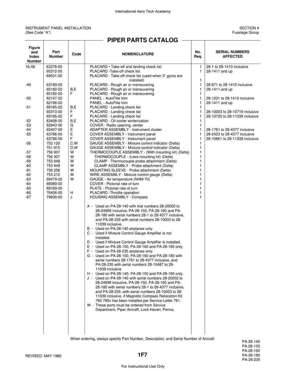 Aviation Part 65313-00 for Piper PA-28 Cherokee Aircraft