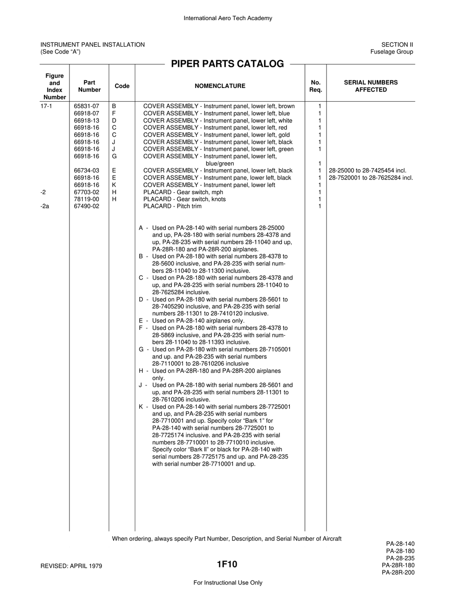 Aviation Part 65831-07 for Piper PA-28 Cherokee Aircraft