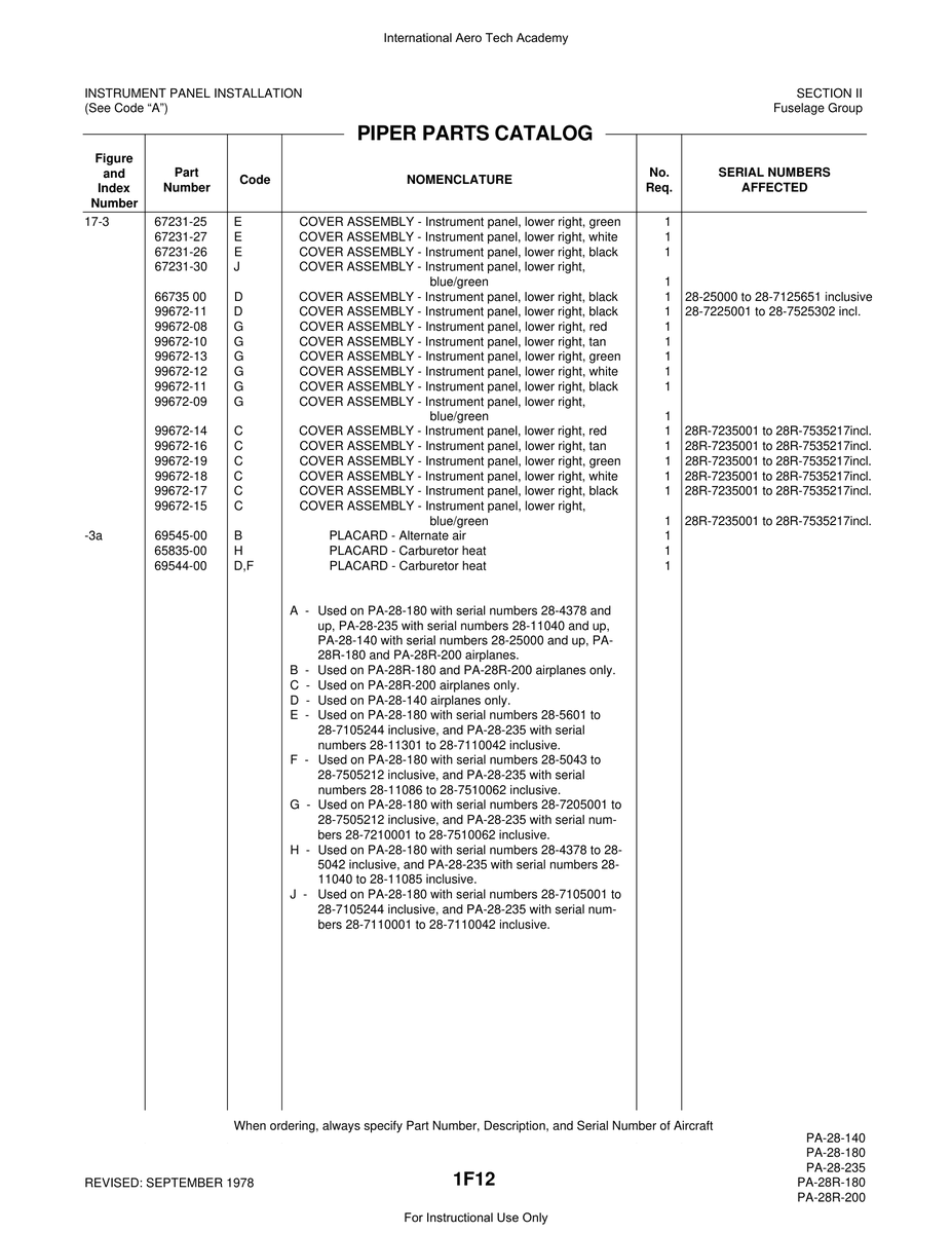 Aviation Part 99672-18 for Piper PA-28 Cherokee Aircraft