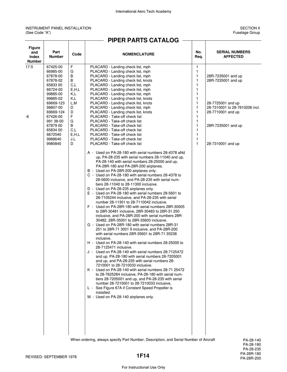 Aviation Part 69669-123 for Piper PA-28 Cherokee Aircraft
