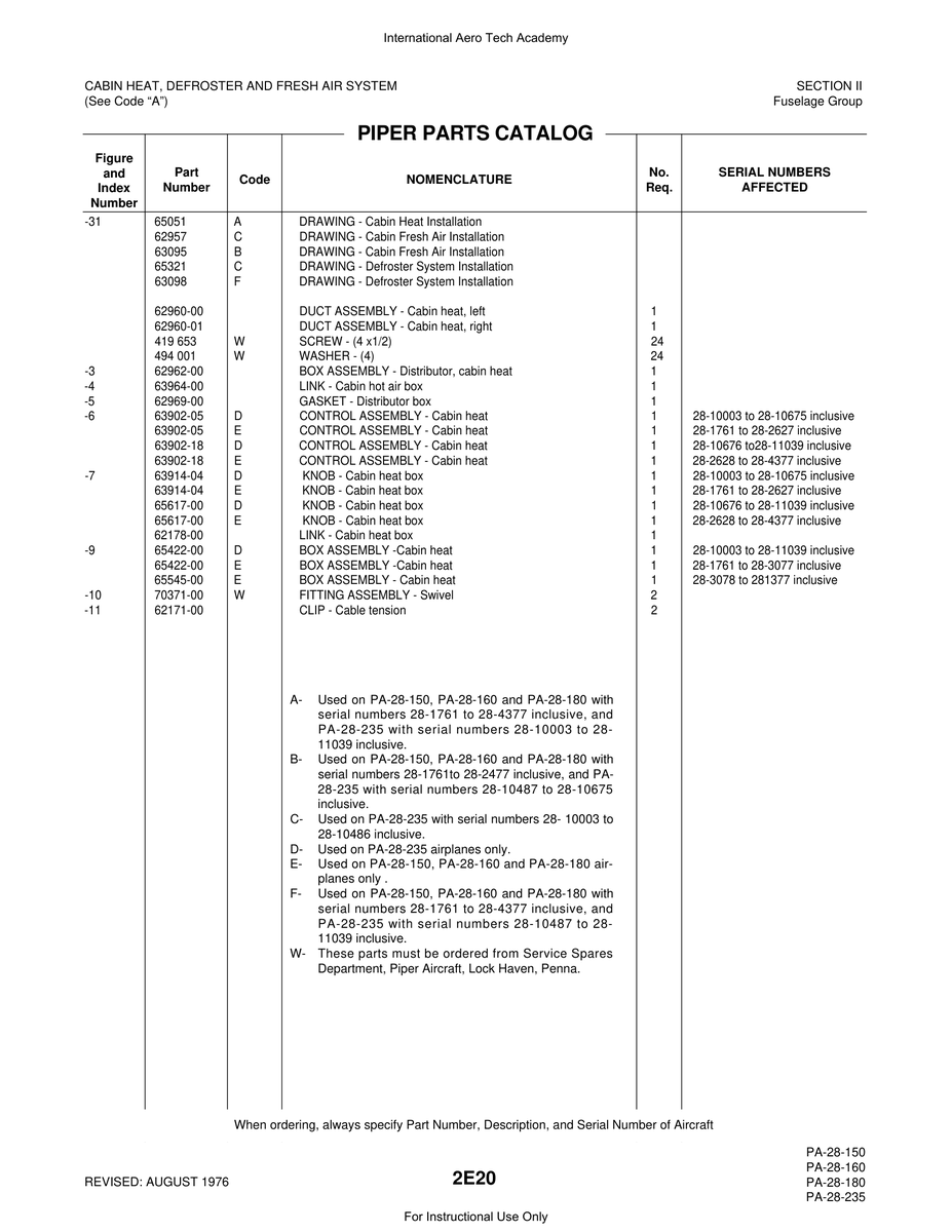 Aviation Part 65422-00 for Piper PA-28 Cherokee Aircraft