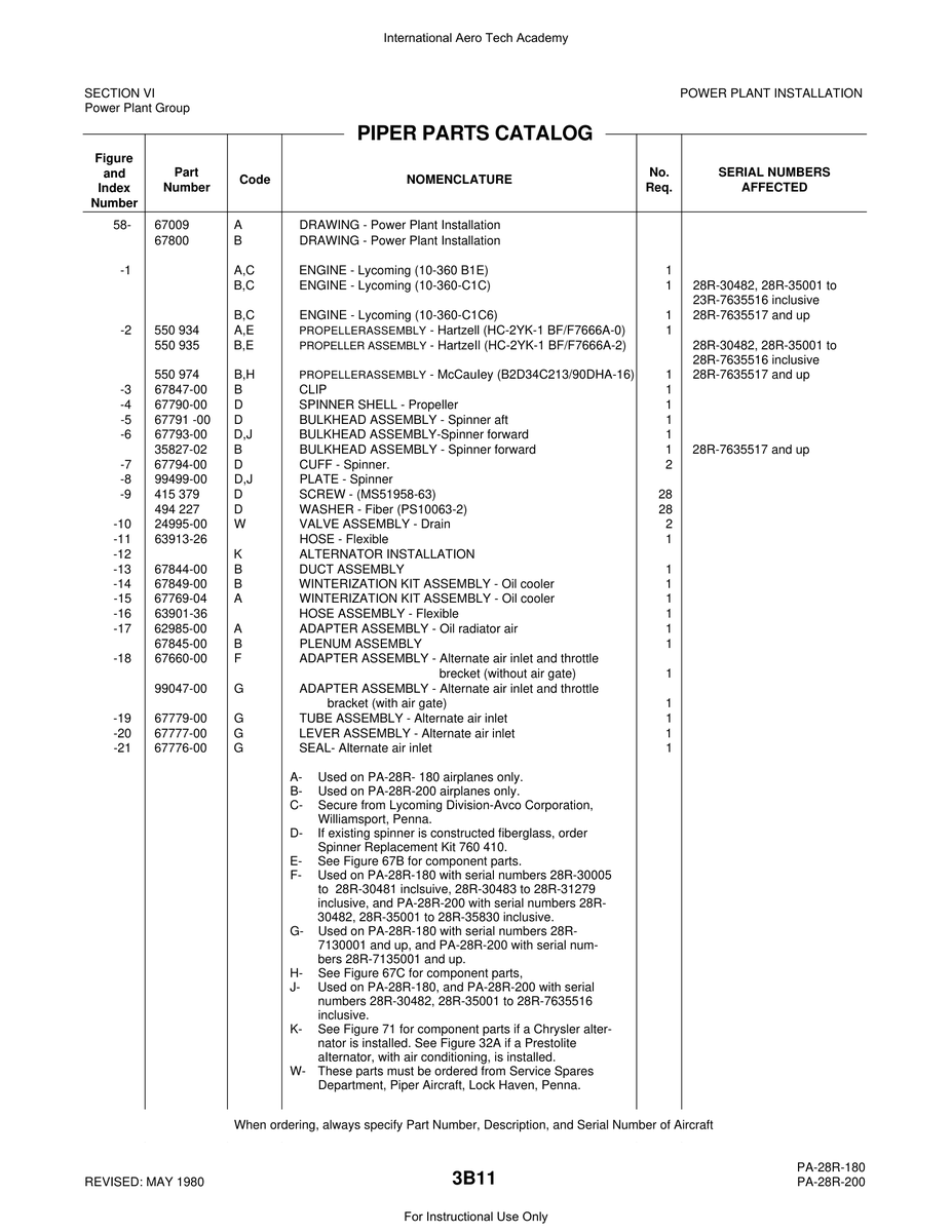 Aviation Part 67845-00 for Piper PA-28 Cherokee Aircraft
