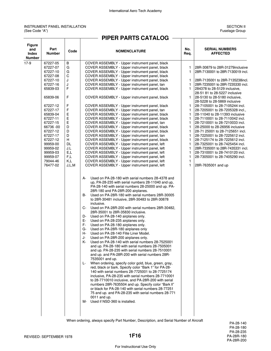 Aviation Part 67227-16 for Piper PA-28 Cherokee Aircraft