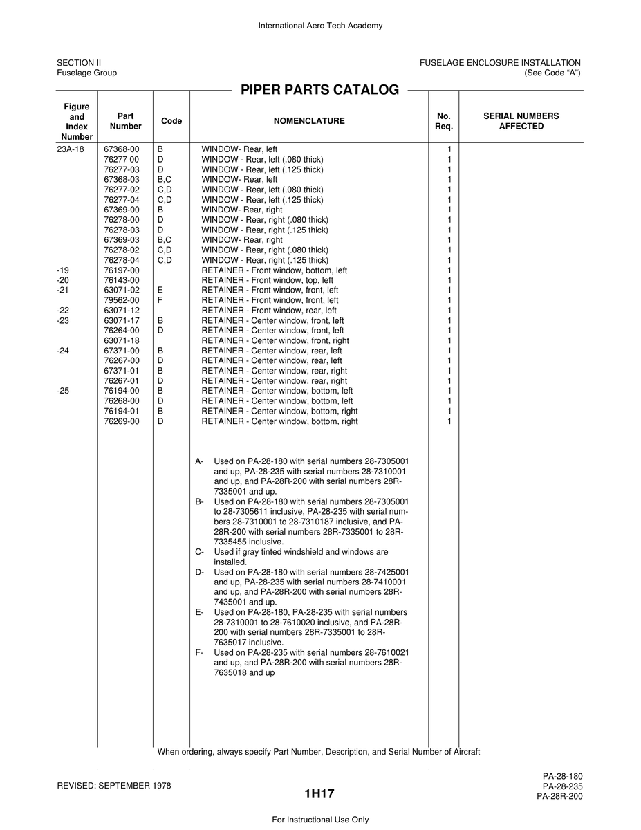 Aviation Part 76277 for Piper PA-28 Cherokee Aircraft