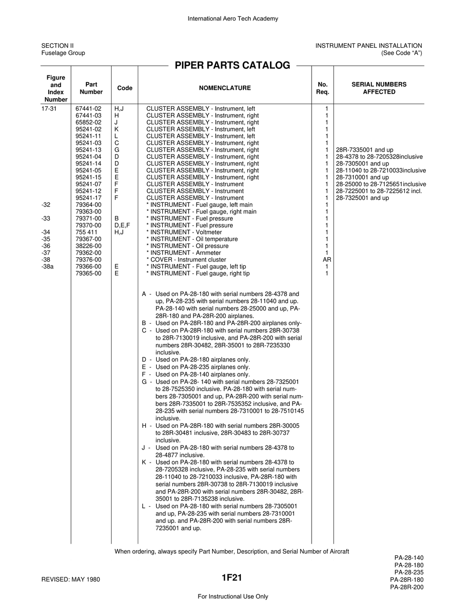 Aviation Part 95241-15 for Piper PA-28 Cherokee Aircraft