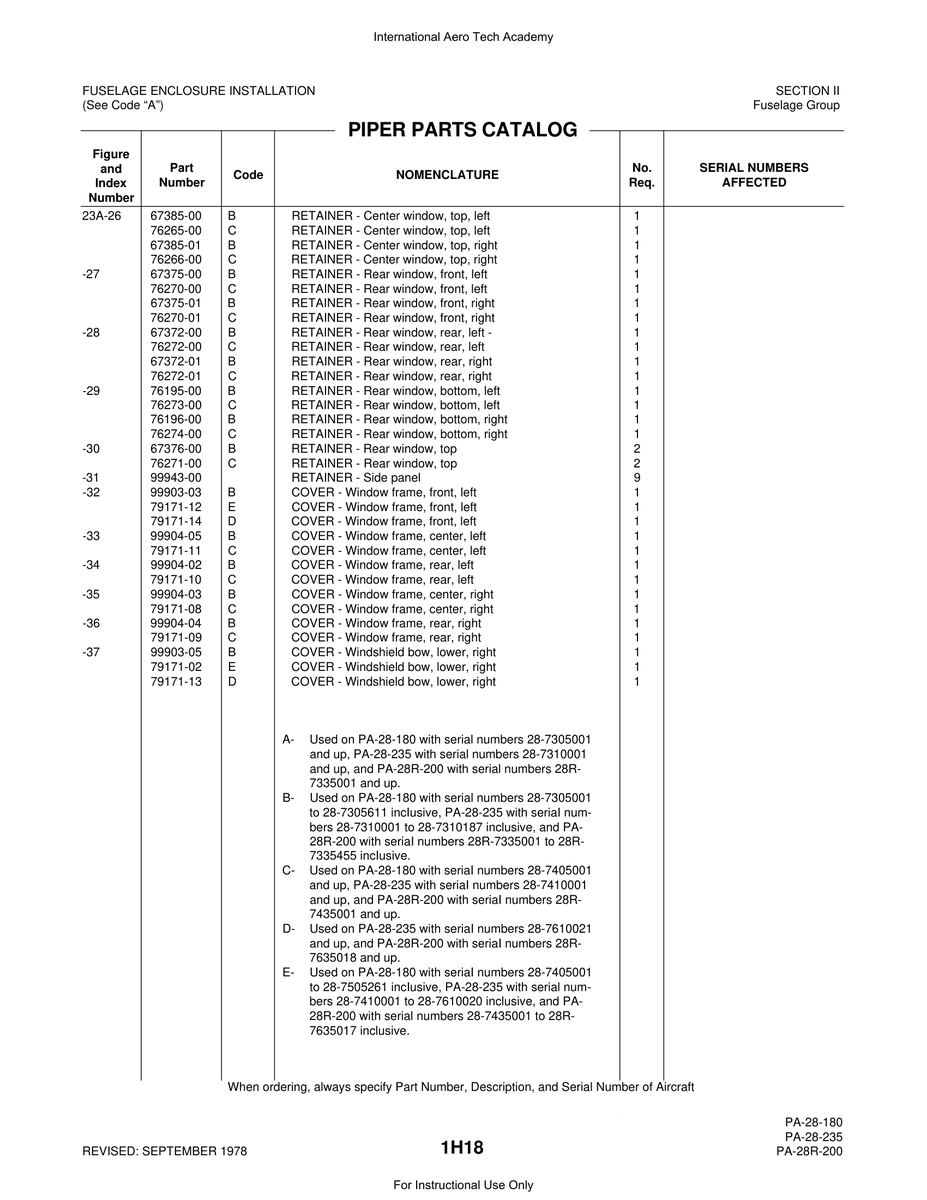 Aviation Part 99903-05 for Piper PA-28 Cherokee Aircraft