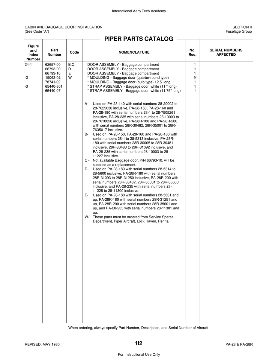 Aviation Part 78741-02 for Piper PA-28 Cherokee Aircraft