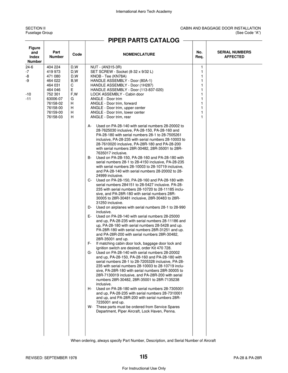 Aviation Part 76158-00 for Piper PA-28 Cherokee Aircraft
