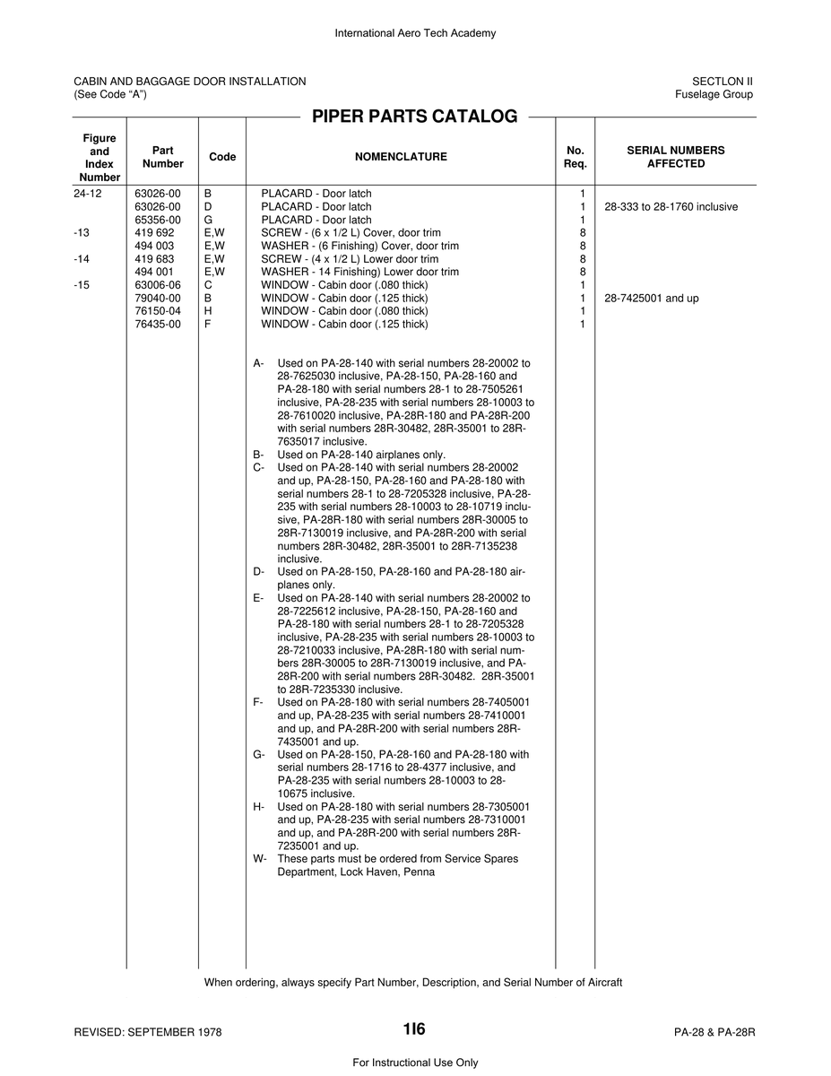 Aviation Part 76435-00 for Piper PA-28 Cherokee Aircraft