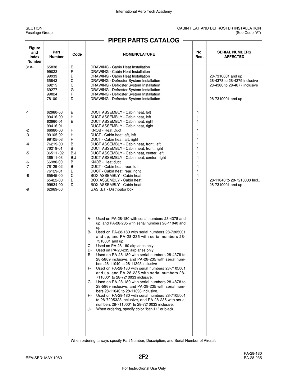 Aviation Part 99416-01 for Piper PA-28 Cherokee Aircraft