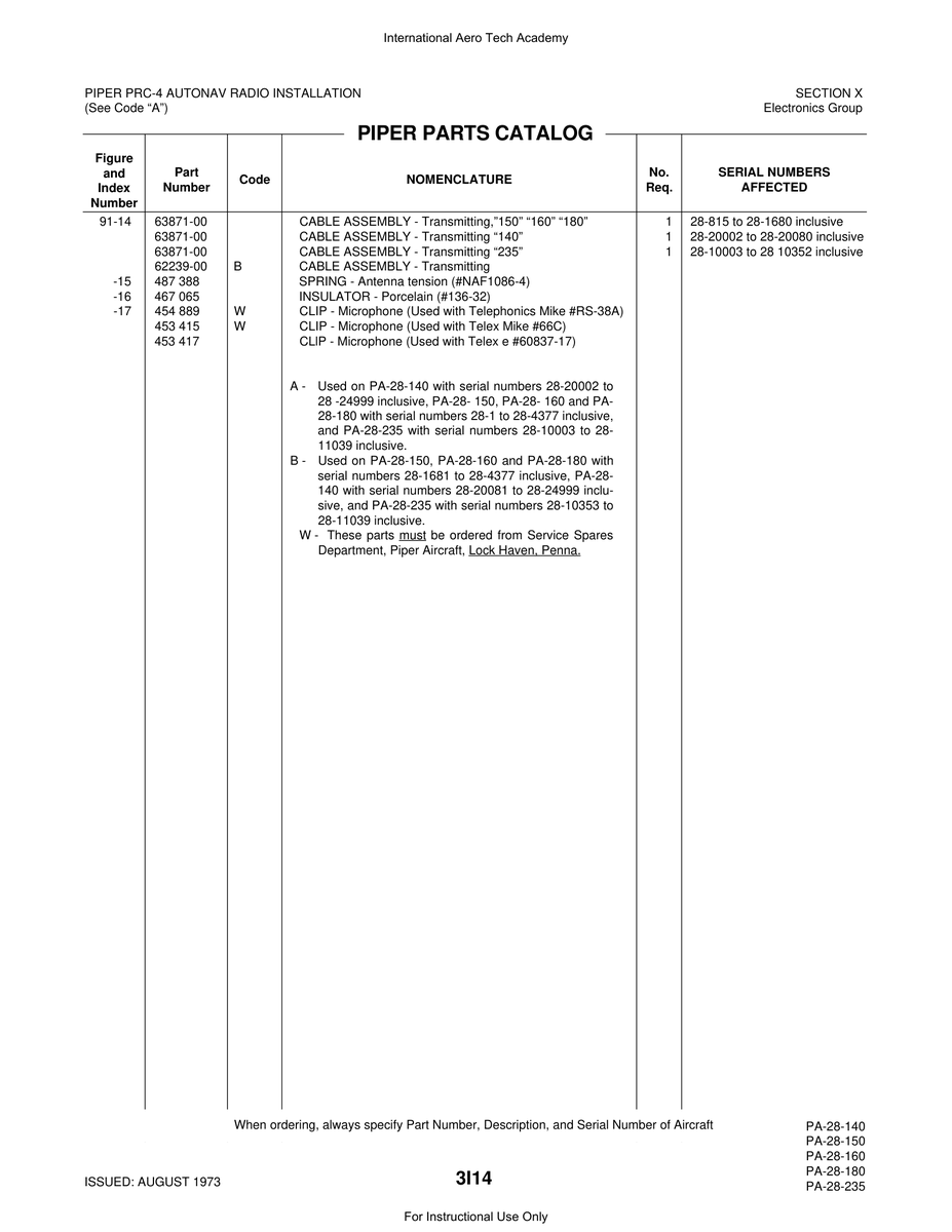 Aviation Part 63871-00 for Piper PA-28 Cherokee Aircraft