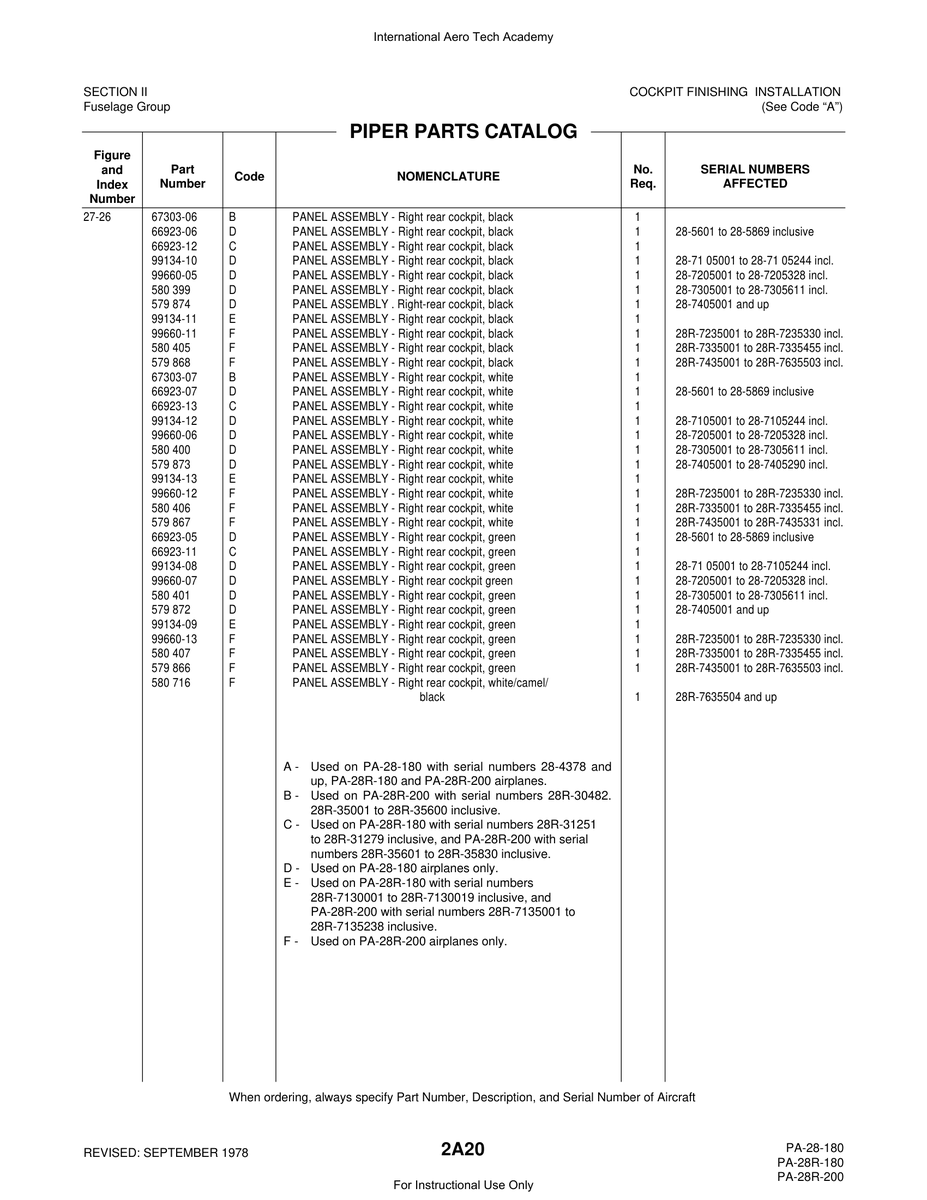 Aviation Part 66923-11 for Piper PA-28 Cherokee Aircraft