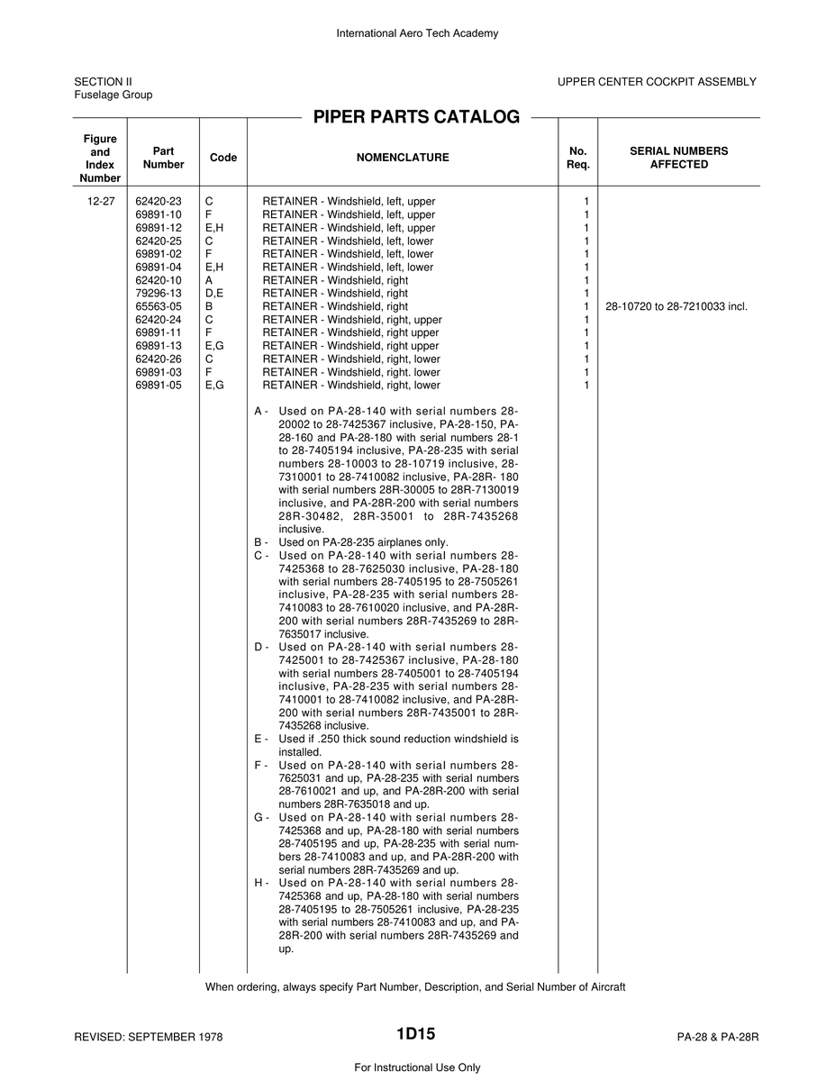 Aviation Part 7310001 for Piper PA-28 Cherokee Aircraft