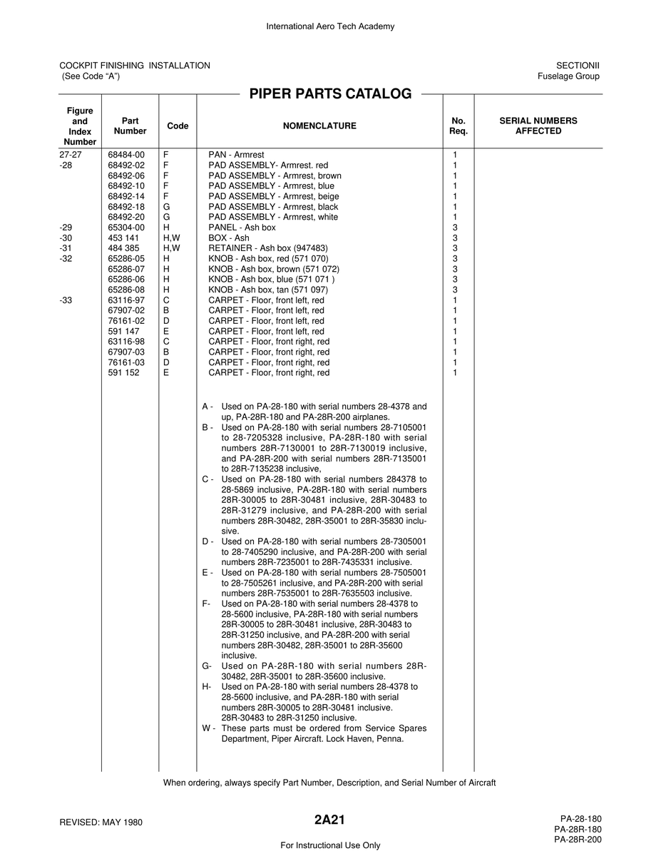 Aviation Part 76161-03 for Piper PA-28 Cherokee Aircraft